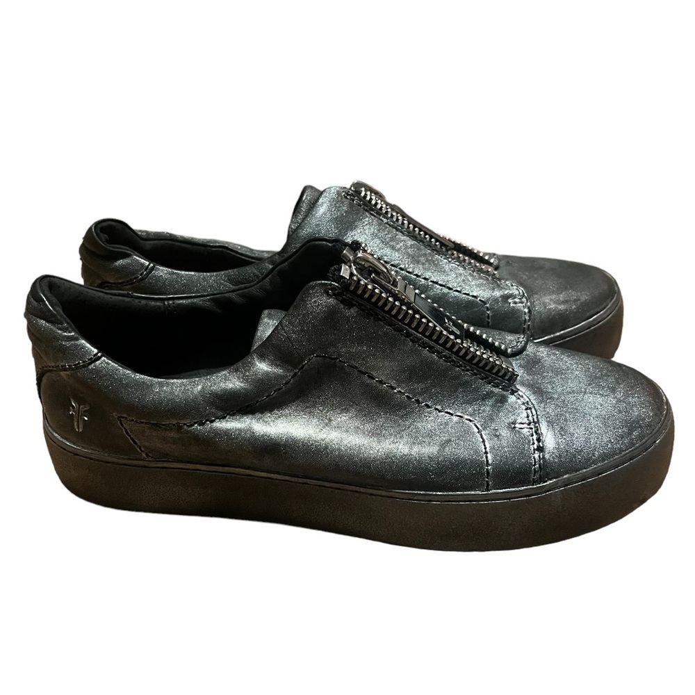 Frye Lena black metallic low top zip up leather sneaker